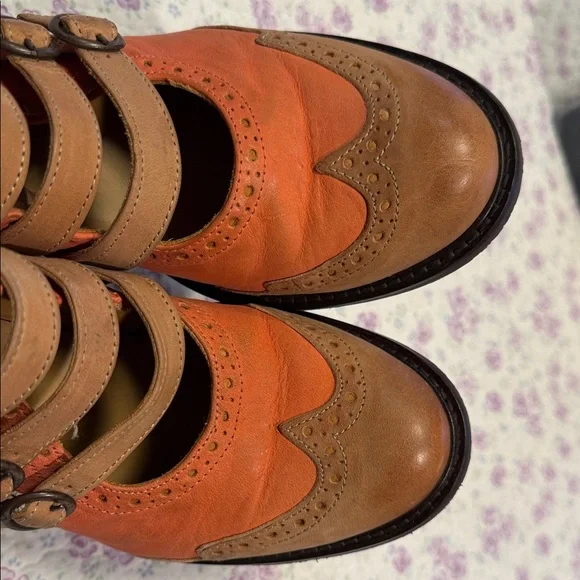 John Fluevog Coral and Tan Triple-Strap Mary Jane Shoes - Picture 8 of 8